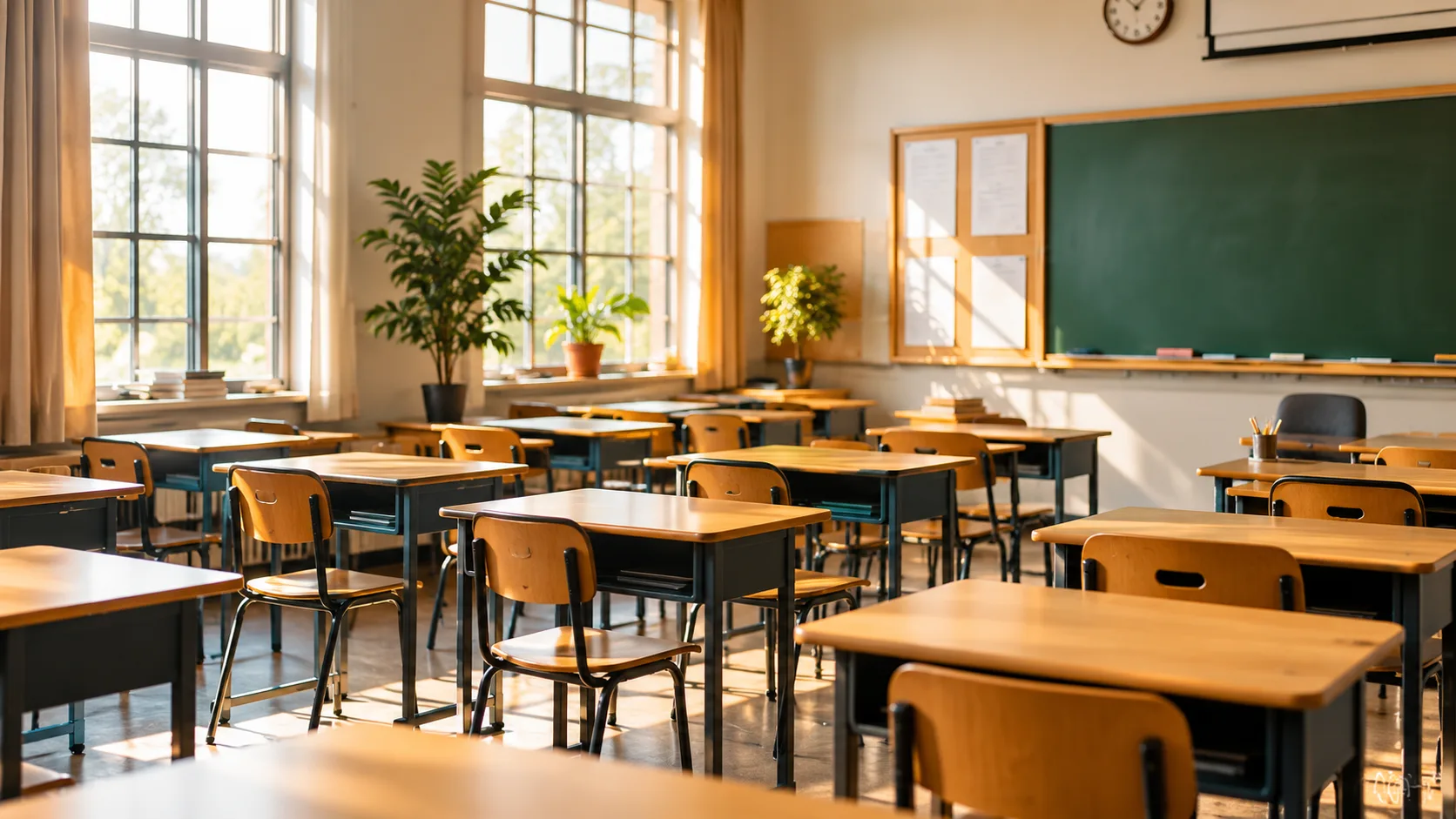 Warmly lit empty classroom