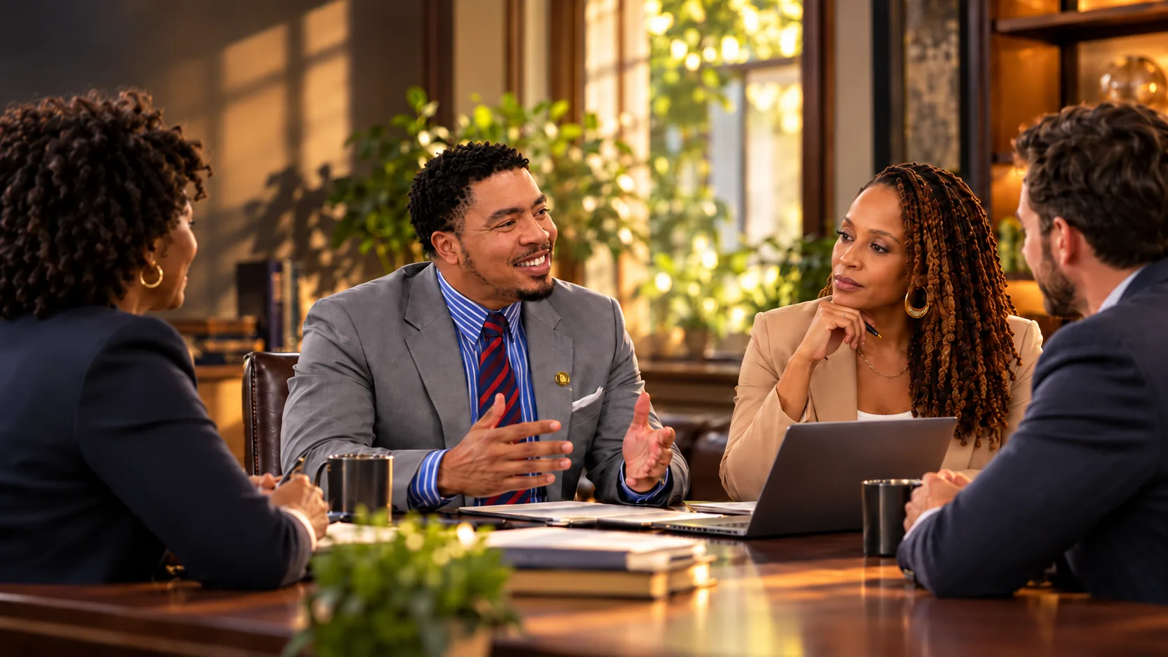 Septet leadership consulting with clients at a conference table