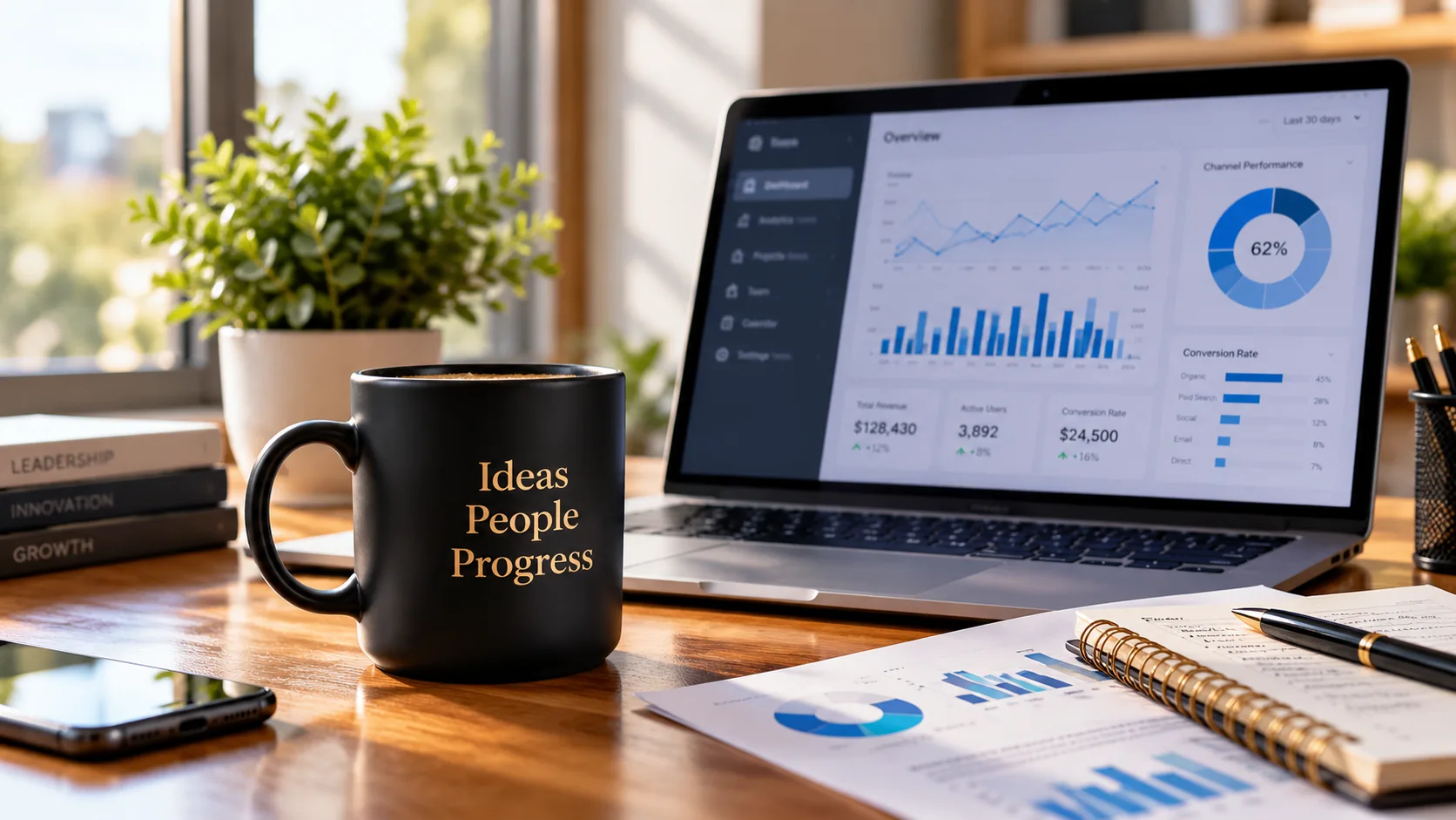 Business analytics and a desk with reports and a laptop
