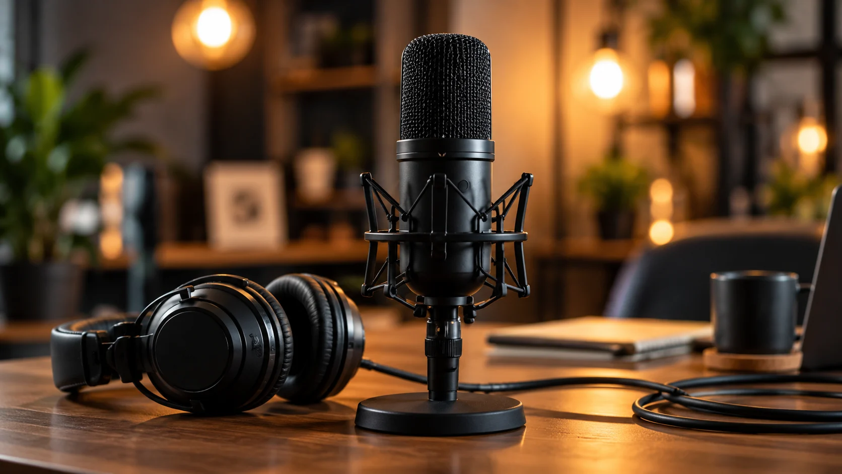 Professional microphone and headphones in a recording studio